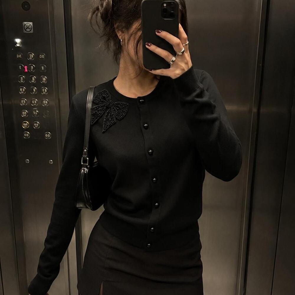 Auguste The Label Black Button Cardigan Beaded Bow L